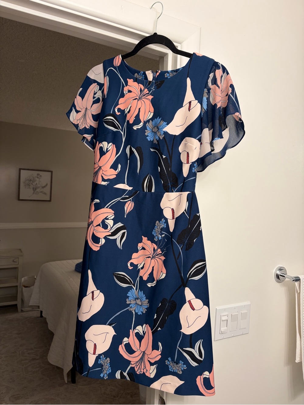Ivanka Trump Navy Floral Flutter-Sleeve Dress